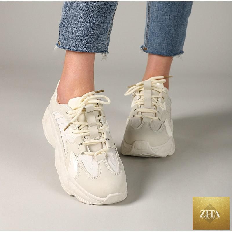 Elegant women's Stevvex sneakers with lace-up design, thick platform, leather upper, lightweight casual shoes for comfortable walking.