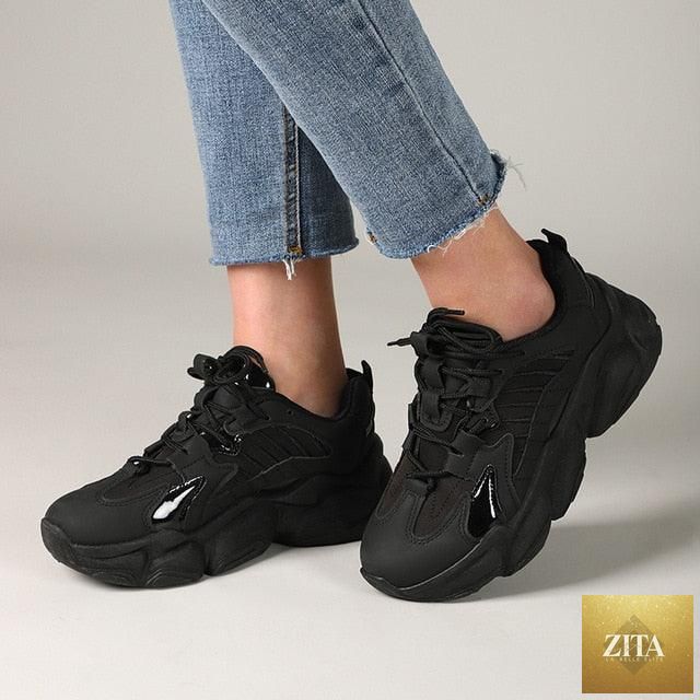 Stevvex elegant women's sneakers with lace-up design, thick platform, leather material, ideal for casual walking and everyday wear.