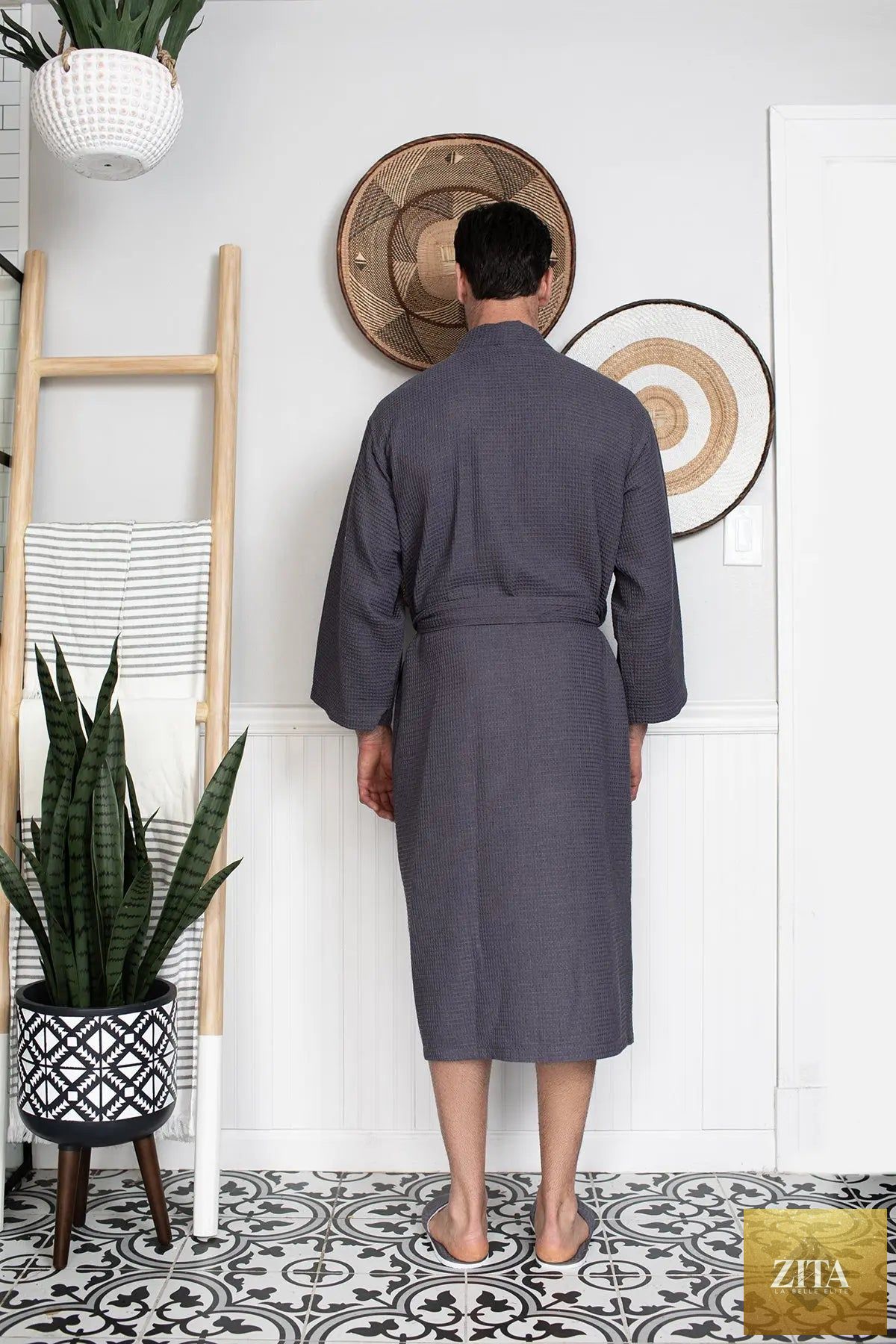 Lotus Linen men's waffle spa bathrobe with embroidery, lightweight and absorbent, perfect for relaxing after a bath or shower.