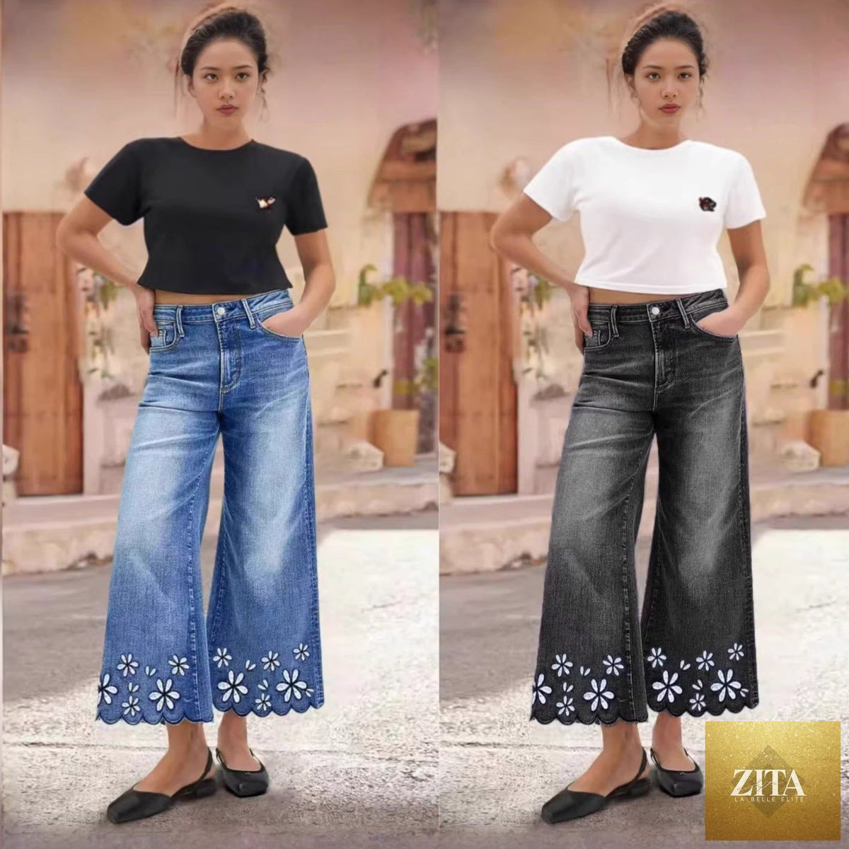Women's cropped denim jeans by Zita La Belle Elite with chrysanthemum embroidery, loose fit, straight-leg casualwear.