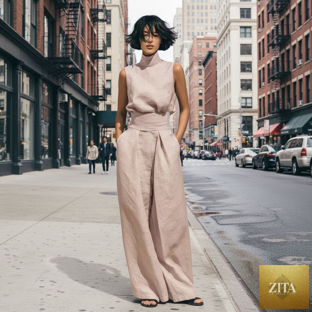 Women’s cotton linen two-piece casualwear set by Zita La Belle Elite, featuring a sleeveless top and wide-leg pants in light fabric.