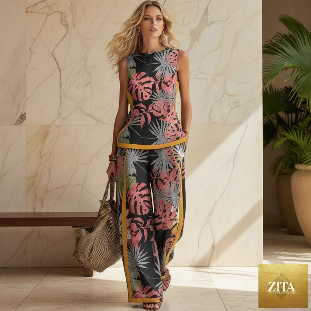 Printed retro sleeveless top and wide-leg pants set by MERIDGE, featuring vibrant 12 print designs in size S to 5XL.