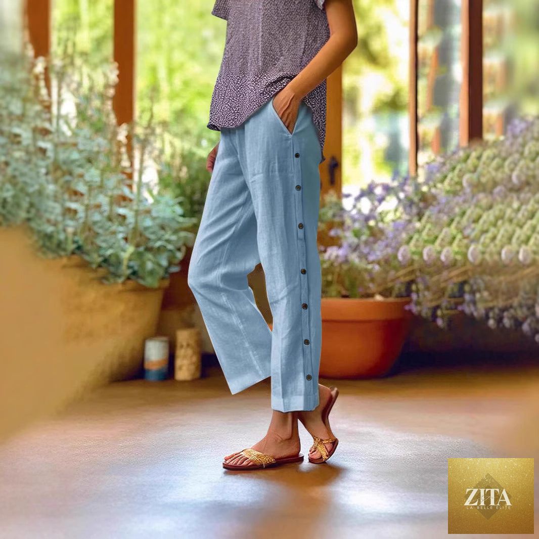 Zita La Belle Elite casual cropped pants with decorative buttons along side seams, stylish and comfortable for everyday wear.