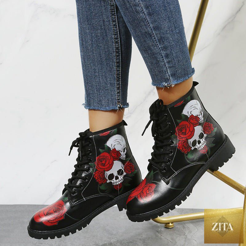 Mandotos women's workwear boots featuring large Halloween cartoon print, high-top design, and colorful pattern.