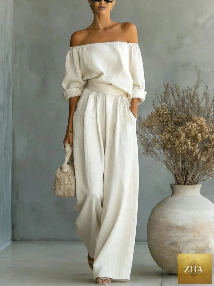 Zita La Belle Elite women's off-shoulder long-sleeve top and wide-leg pants two-piece casualwear set, stylish and comfortable.