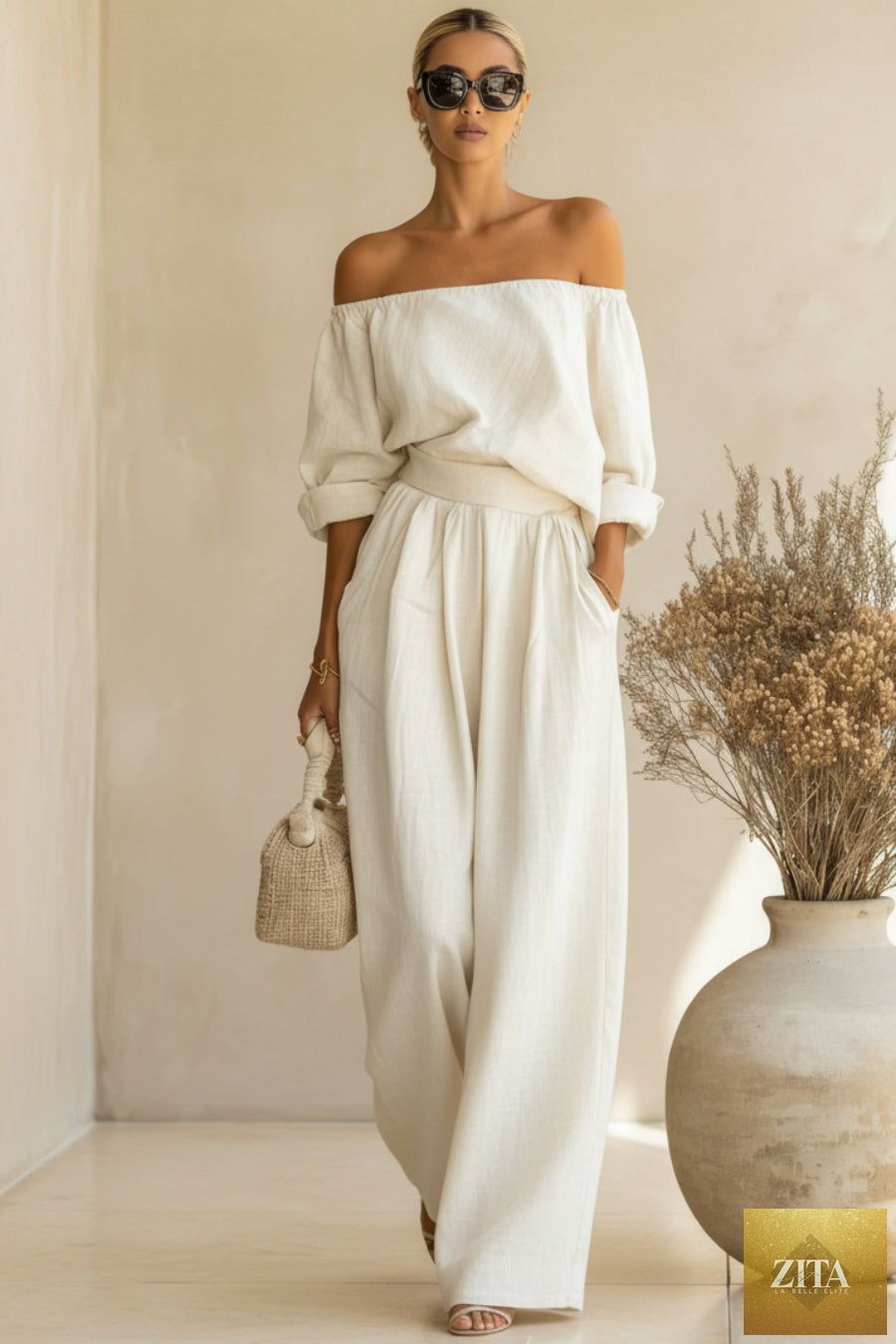 Women's Off-Shoulder Puff Sleeve Blouson Top & High-Rise Wide-Leg Pants Cotton-Linen Set