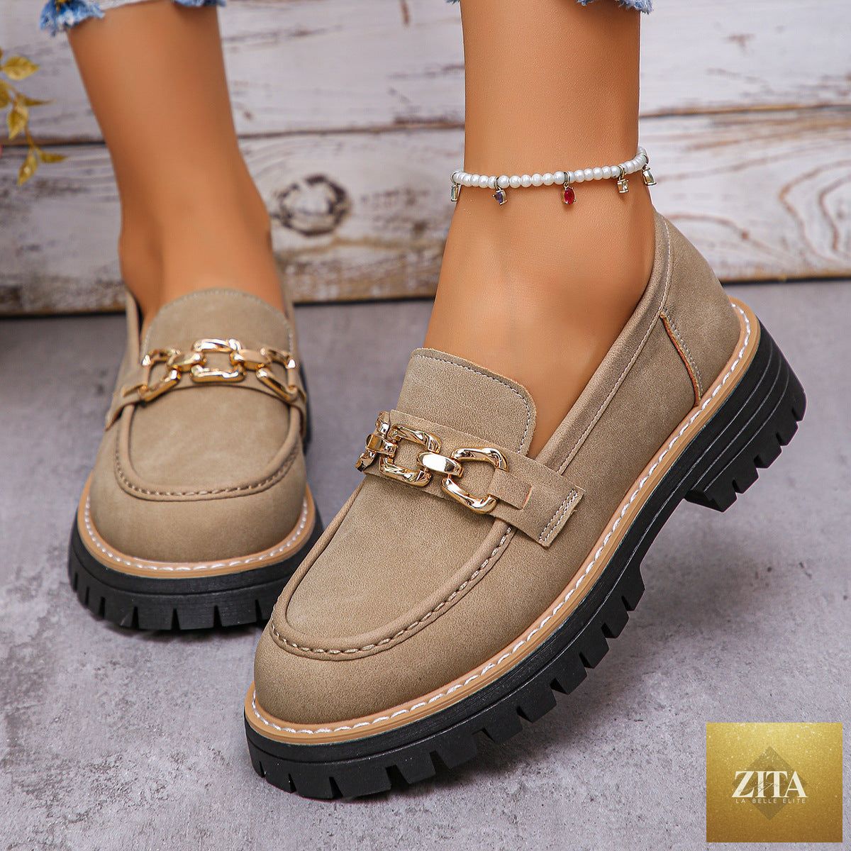 Women's British-style chunky block heel low-top shoes by FitiqueFit, featuring black leather uppers and sturdy sole design.