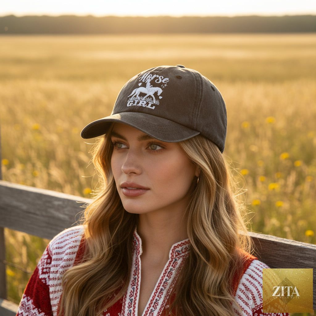 Horse Girl embroidered vintage washed baseball cap by Zita La Belle Elite featuring adjustable strap and equestrian-themed design.
