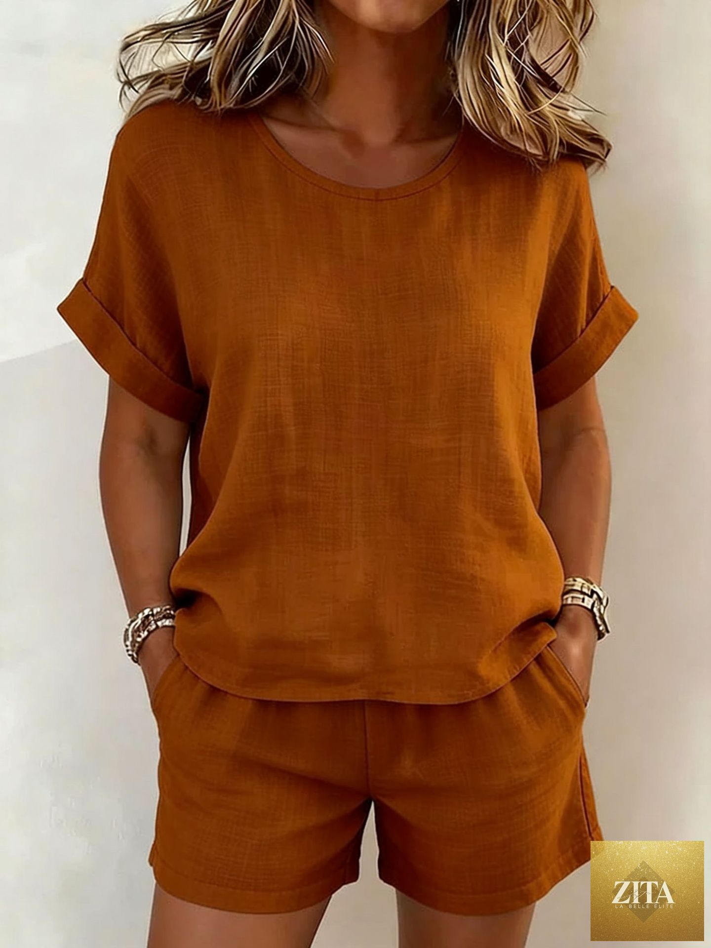 Women's Relaxed Cotton-Linen Cuffed Sleeve Top & Shorts Two-Piece Set