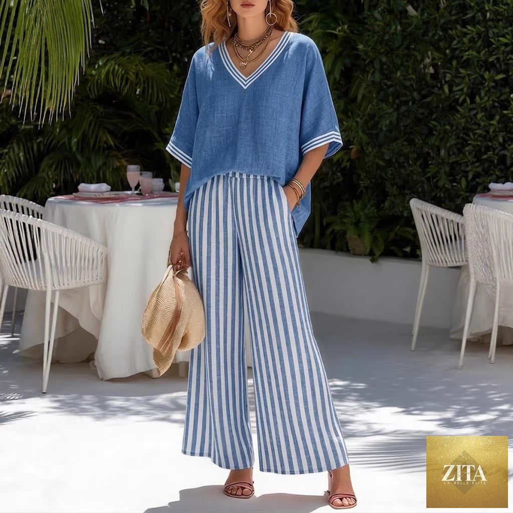 Women's striped tunic top and casual trousers two-piece set by Zita La Belle Elite, featuring a comfortable, stylish casualwear look.
