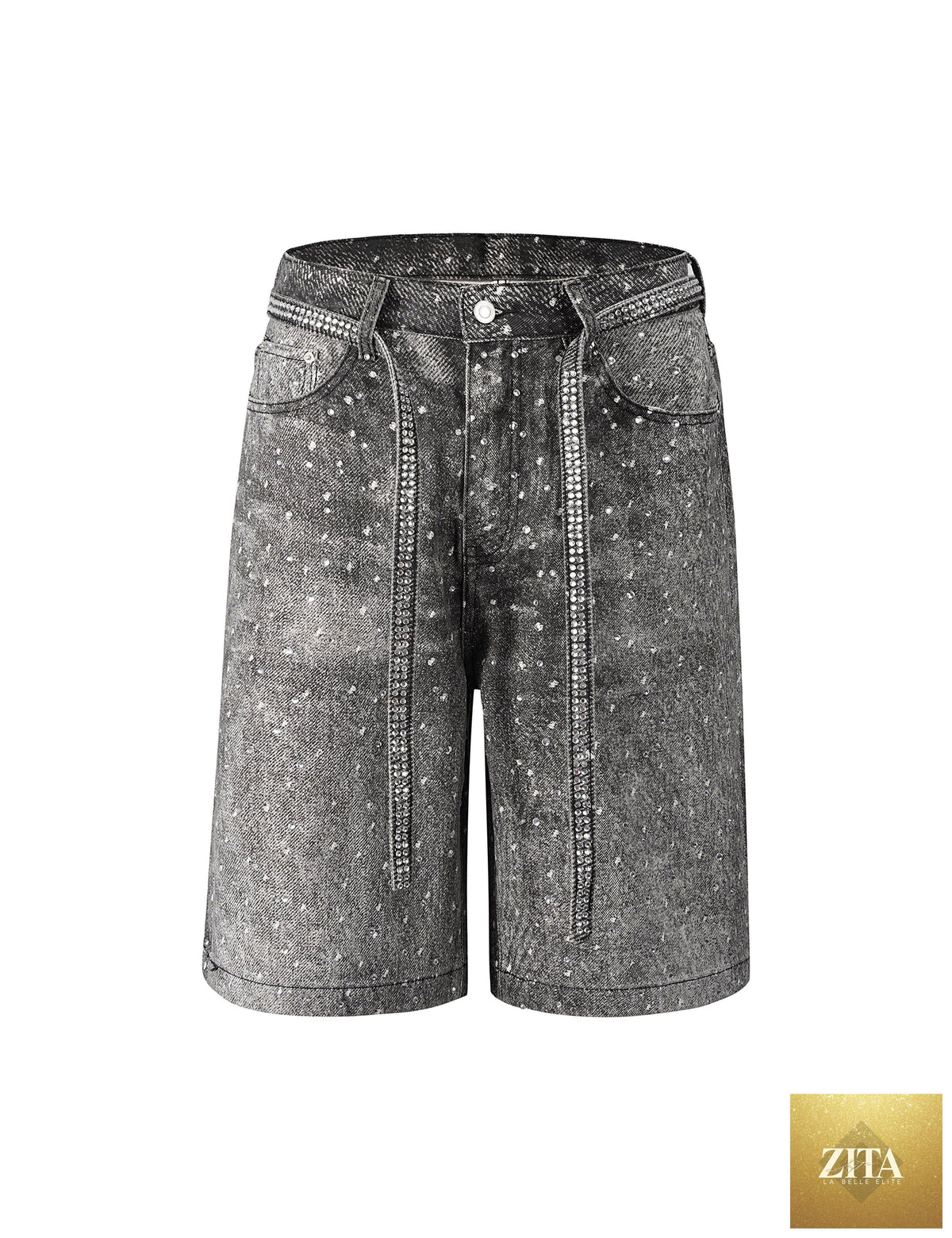 Denim shorts with rhinestone embellishments from UNDEVELOPED's NOIR RHINESTONE SHORTS collection, featuring stylish short-length design.