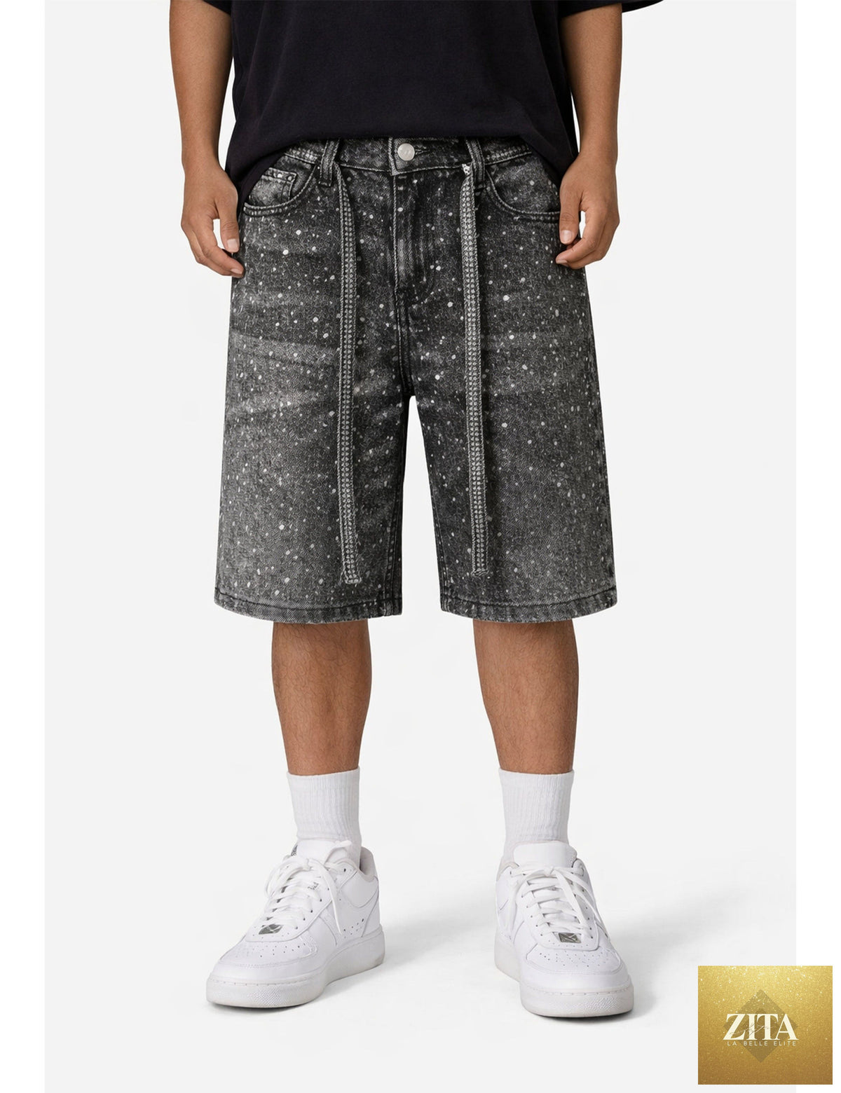 UNDEVELOPED Noir Rhinestone Denim Shorts featuring sparkling rhinestones and classic cut, worn on a model.
