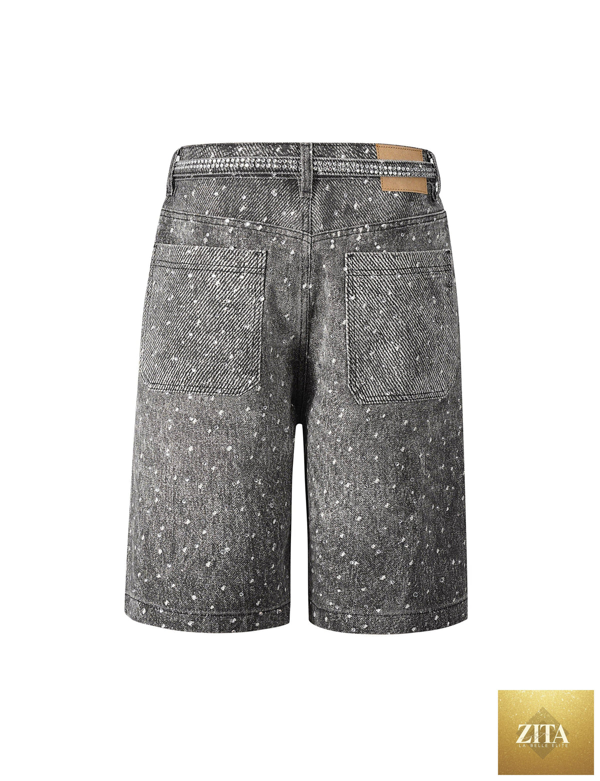 Undeveloped noir rhinestone denim shorts with embellished details, stylish cut, and classic five-pocket design.