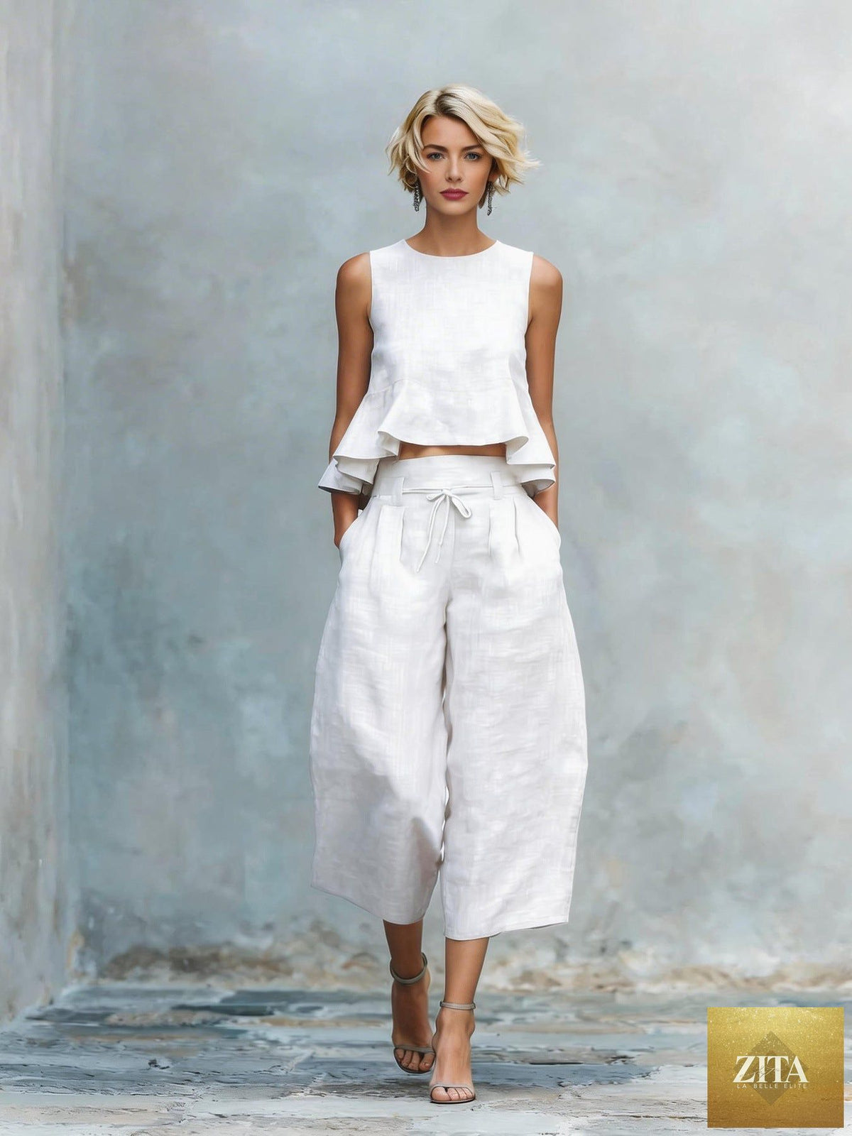 Women’s linen-blend sleeveless two-piece casualwear set with ruffled detailing by Zita La Belle Elite, shown on a model.