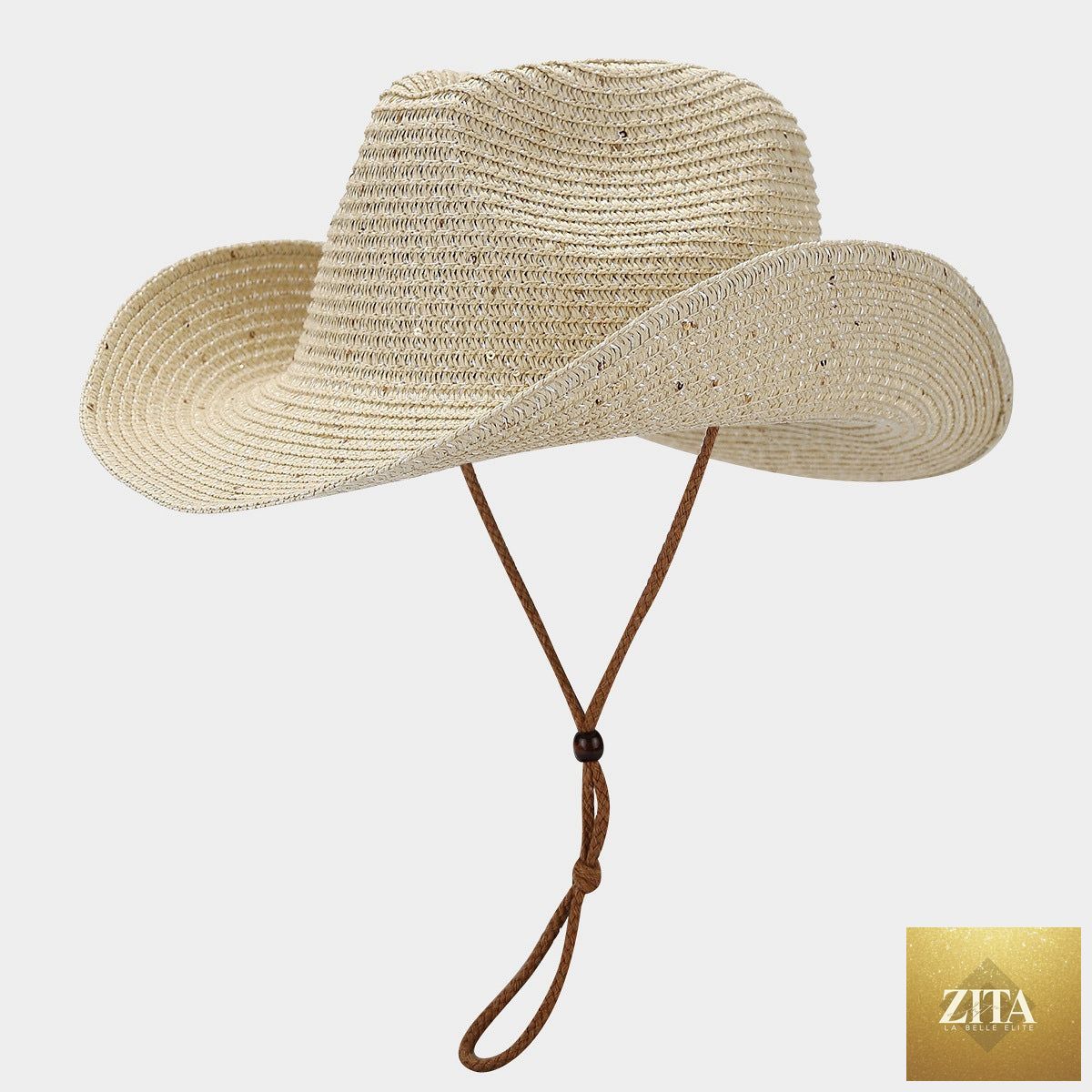 Women's Panama straw woven sun hat by Zita La Belle Elite with windproof design and sequin details, ideal for beach and outdoor wear.