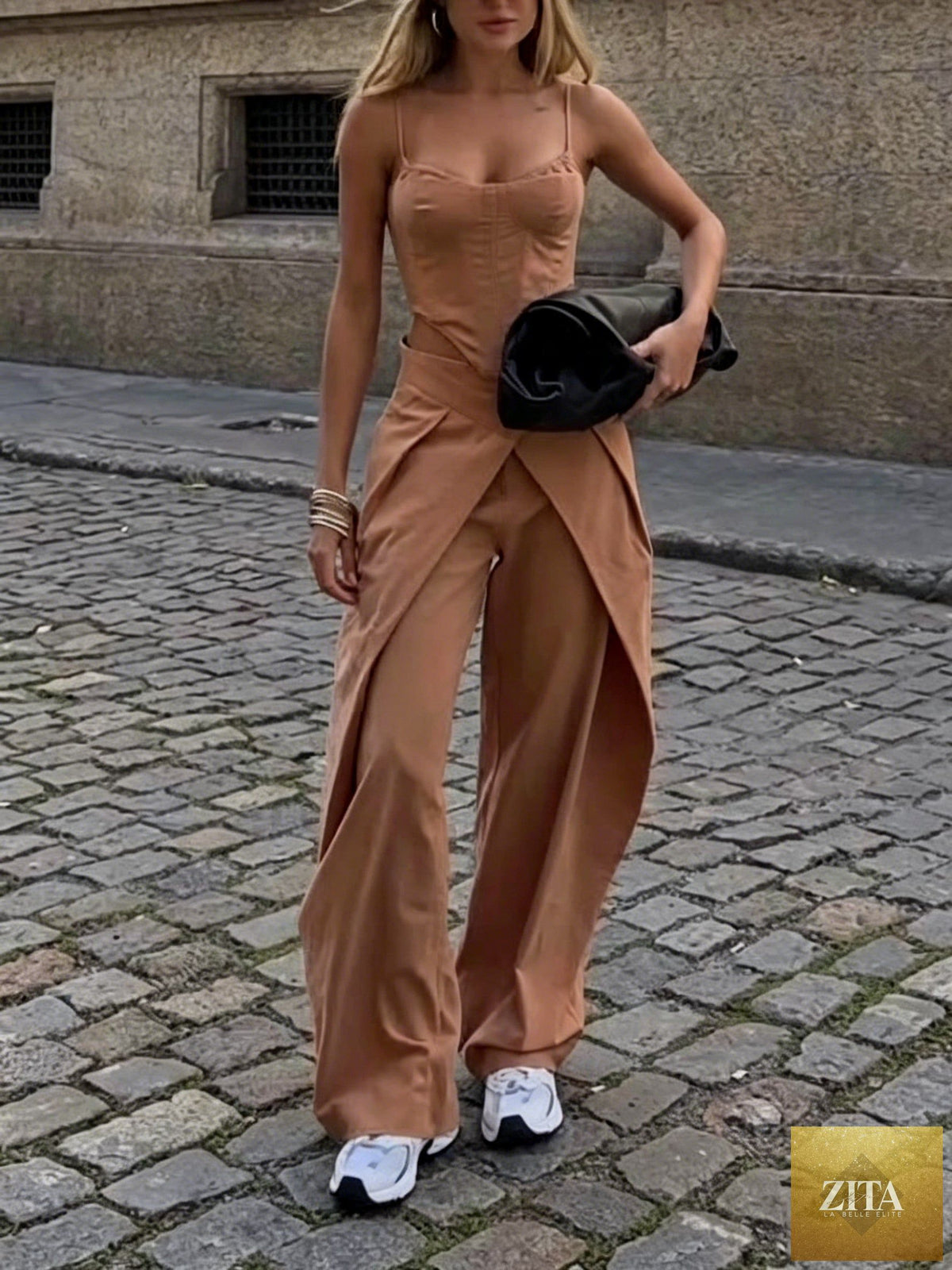 Zita La Belle Elite camel spaghetti strap corset top and wide-leg pants set, casualwear, XS–2XL, shown on a model.