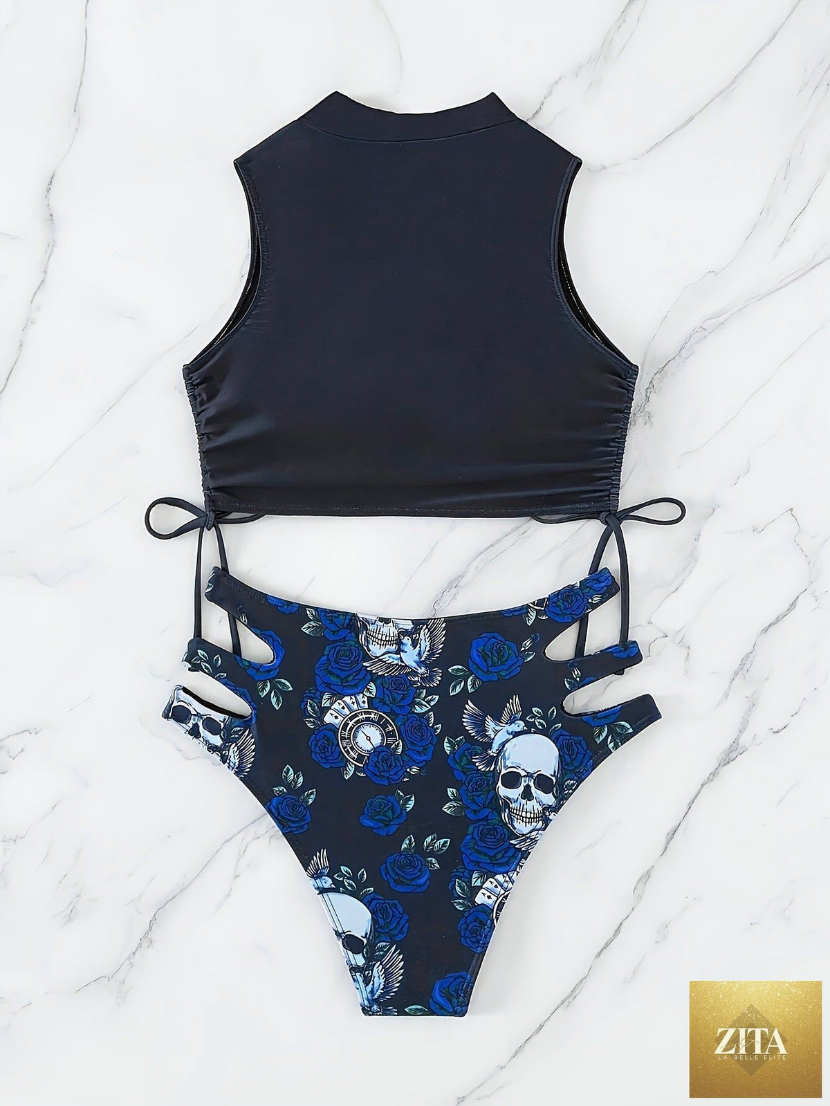 Stevvex bikini set with skull print and floral lace-up design, featuring high stretch fabric and a hollow-out style for summer beach wear.
