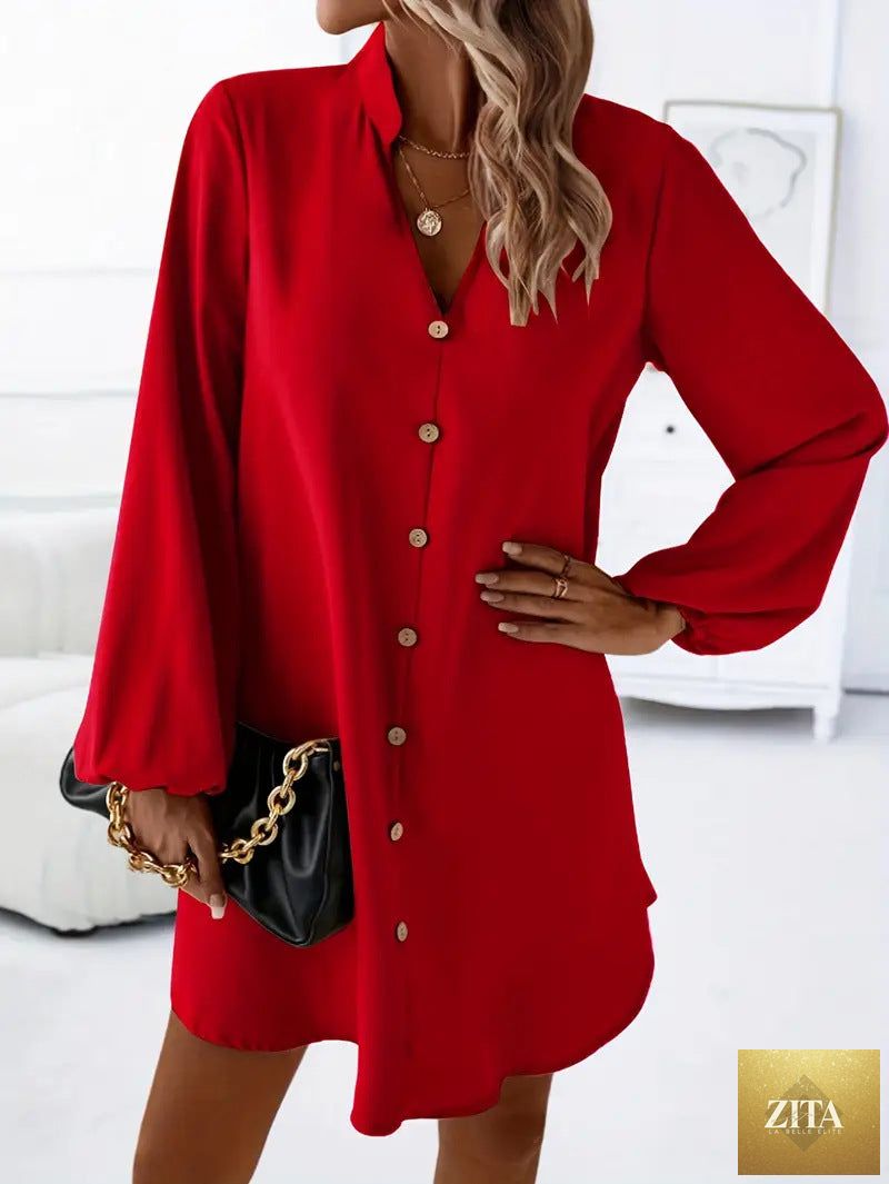 Women's V-neck long sleeve A-line dress by Zita La Belle Elite, single-breasted design in a stylish, elegant silhouette.