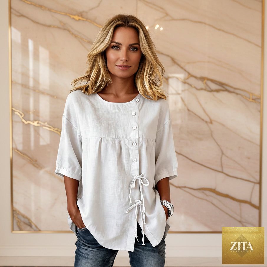 Women's lace-up button shirt from MERIDGE, lightweight tops featuring a collared design and front button closure.