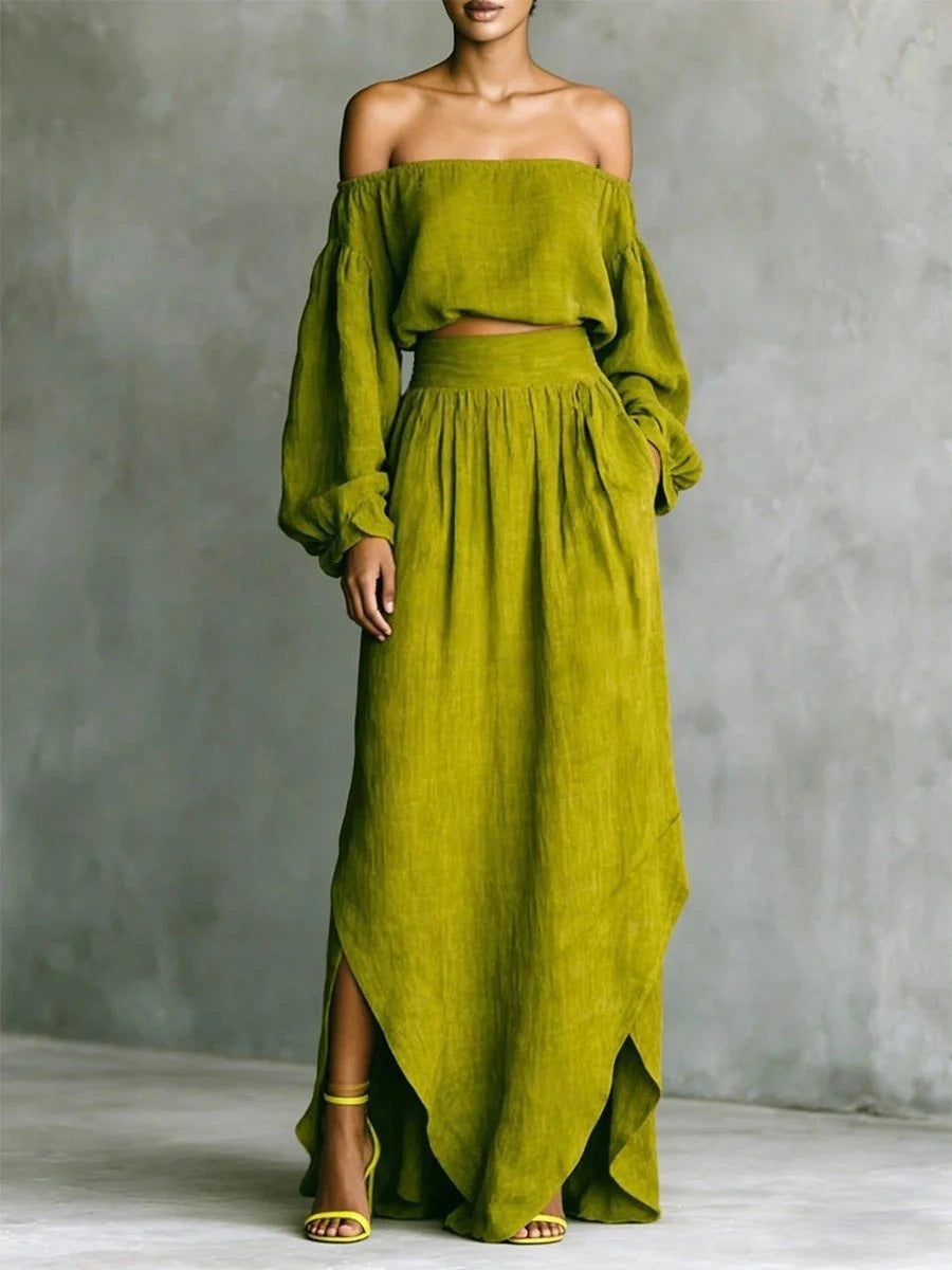 Women's off-shoulder top and asymmetrical maxi skirt set by FitiqueFit, casualwear with stylish, flowing fabric.