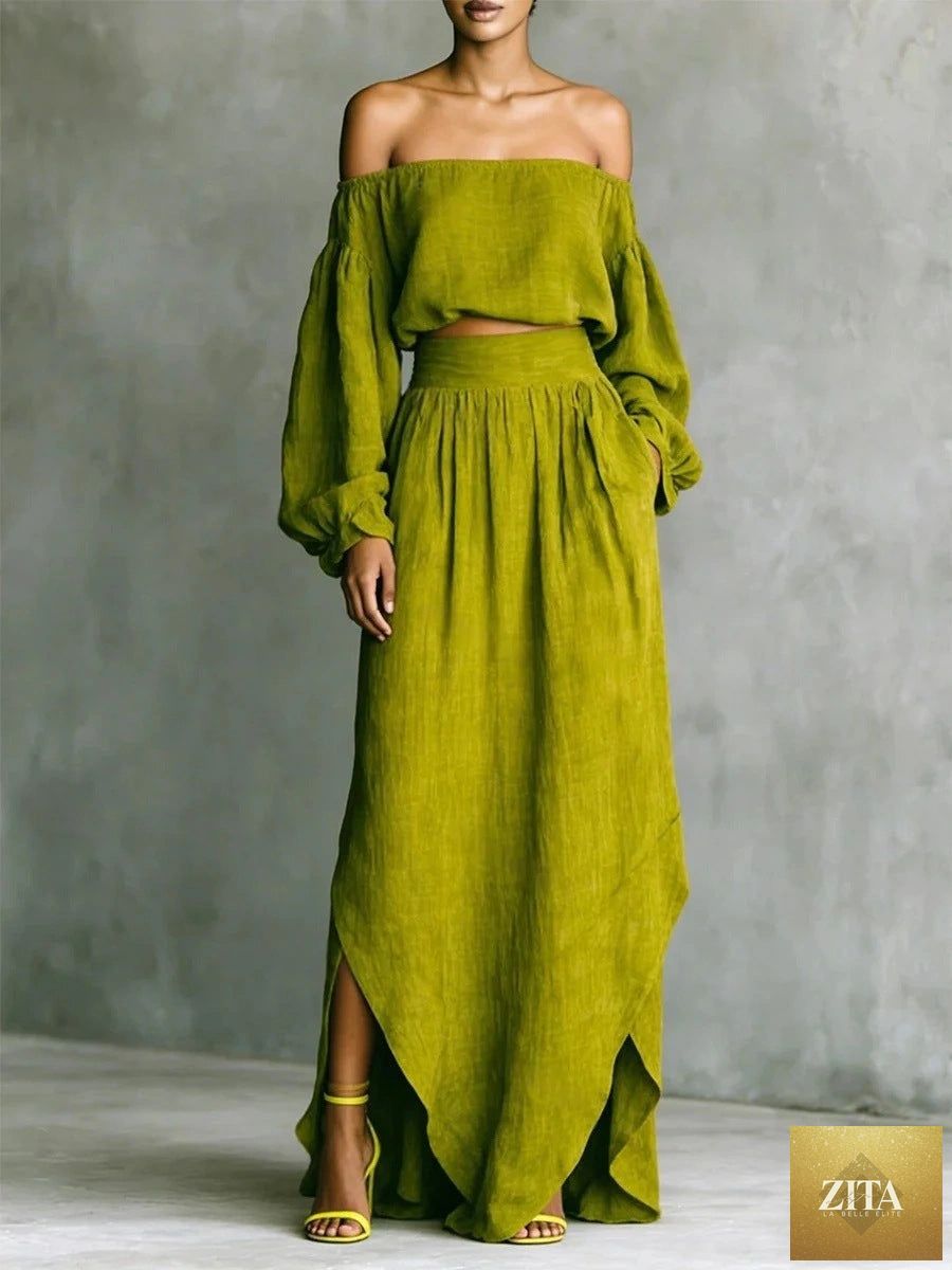 Zita La Belle Elite casual off-shoulder top and asymmetrical maxi skirt set for women, featuring a stylish two-piece outfit.