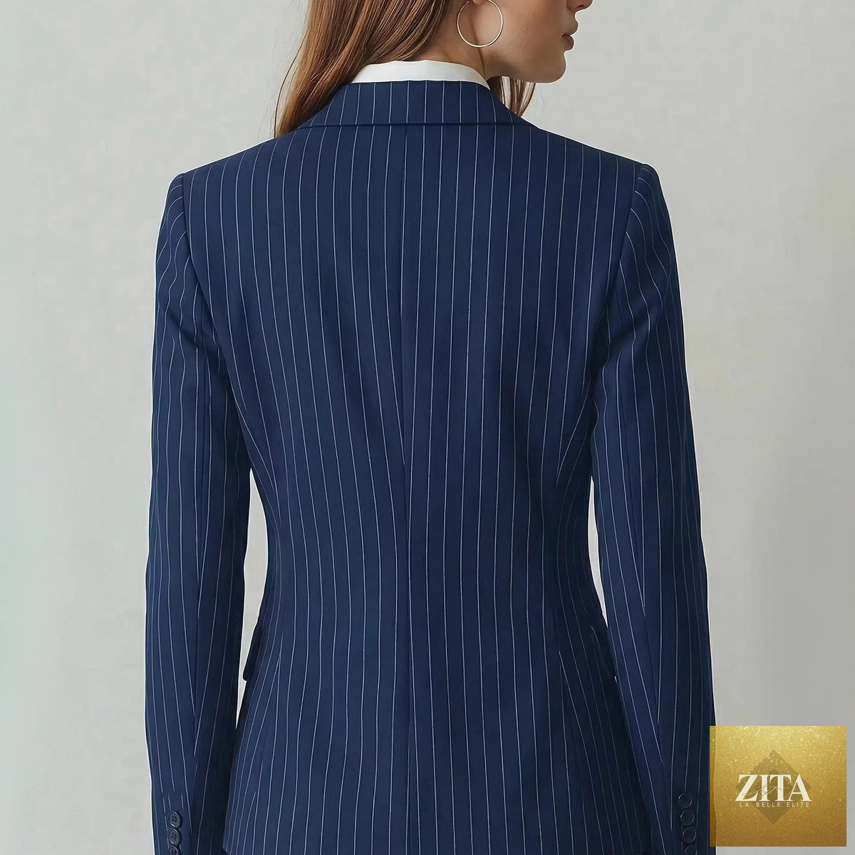 Navy blue striped waist-cinching blazer for women with single buckle, slim fit, tailored petite blazer, Sell My Stuff brand