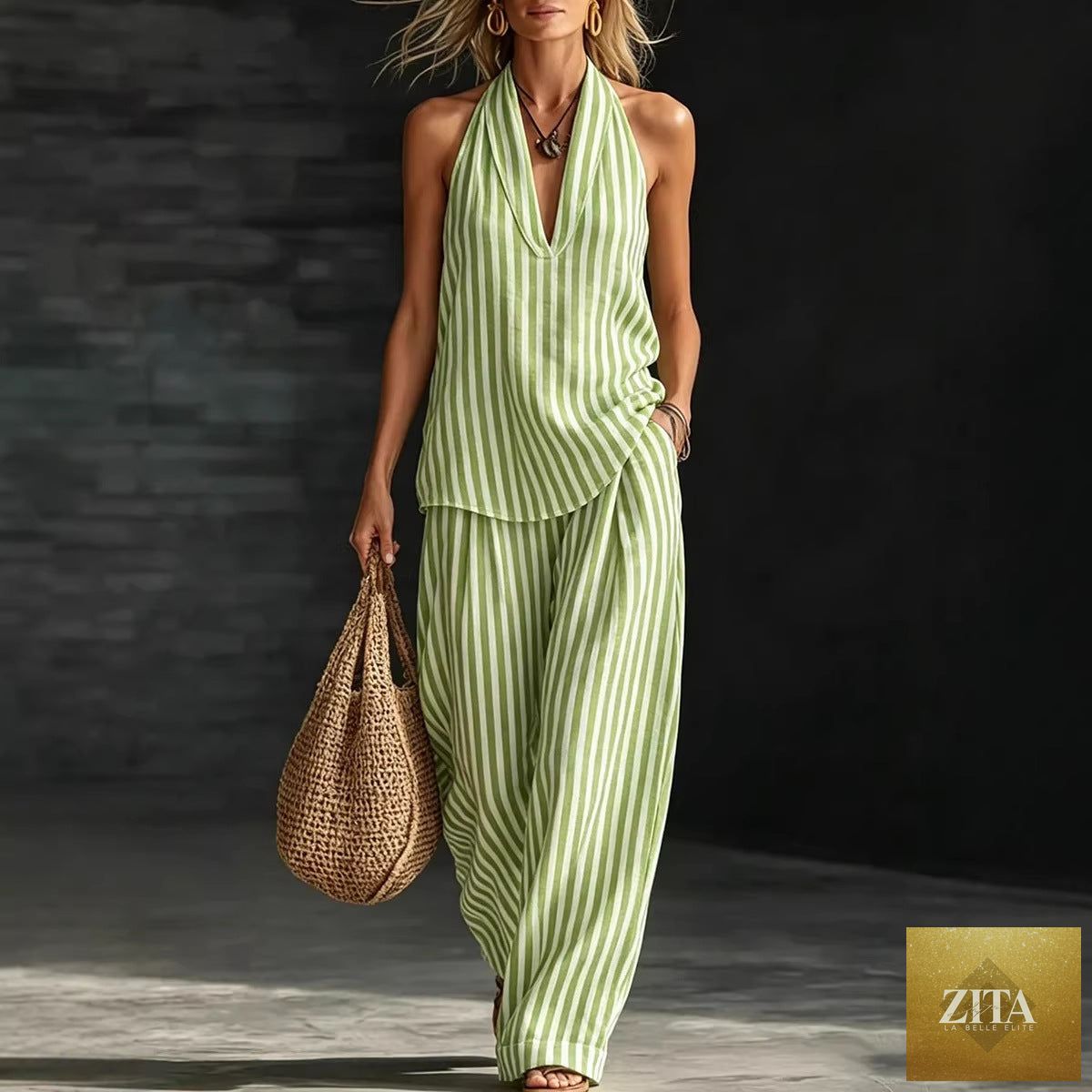 Zita La Belle Elite women's casual striped sleeveless top and wide-leg pants set, stylish 2-piece outfit with a relaxed fit.