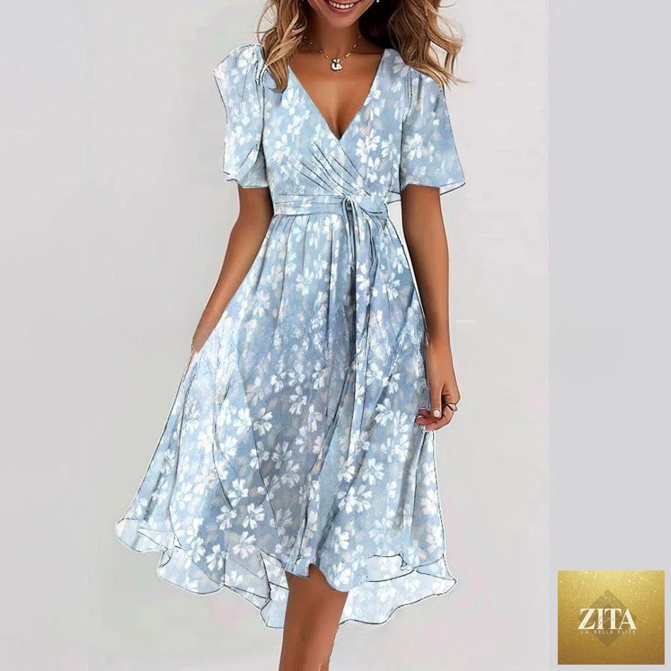 Floral print FitiqueFit A-line midi dress with V-neck and short sleeves, perfect for casual or semi-formal occasions.