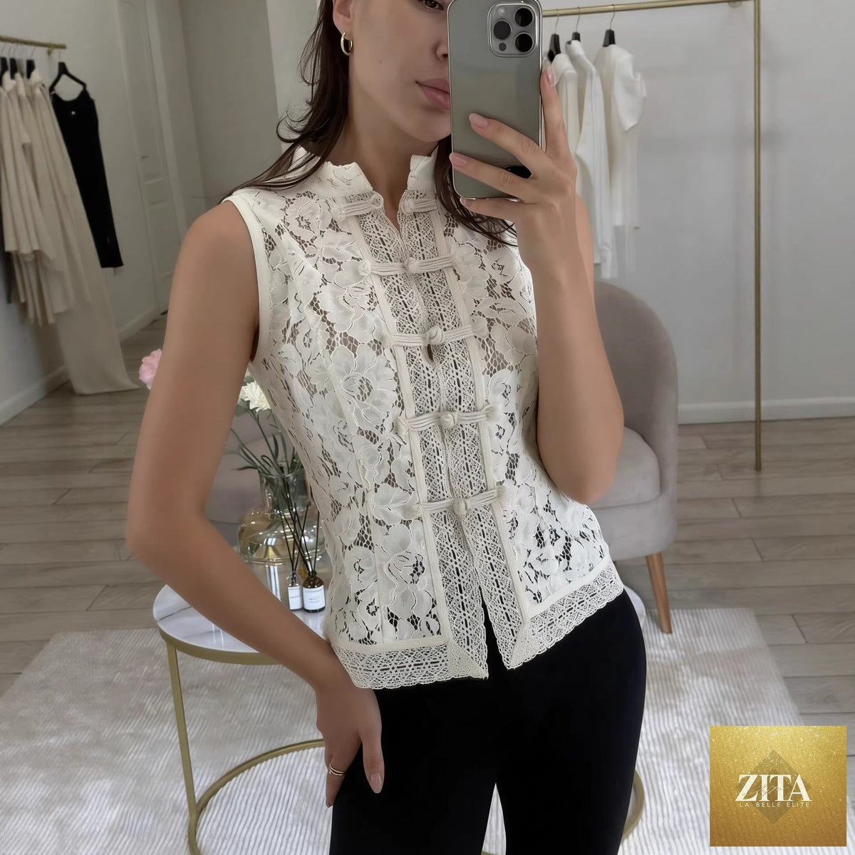 Zita La Belle Elite lace crochet stand collar slim-fit sleeveless casual top in three colors, size S to L, displayed on a model.