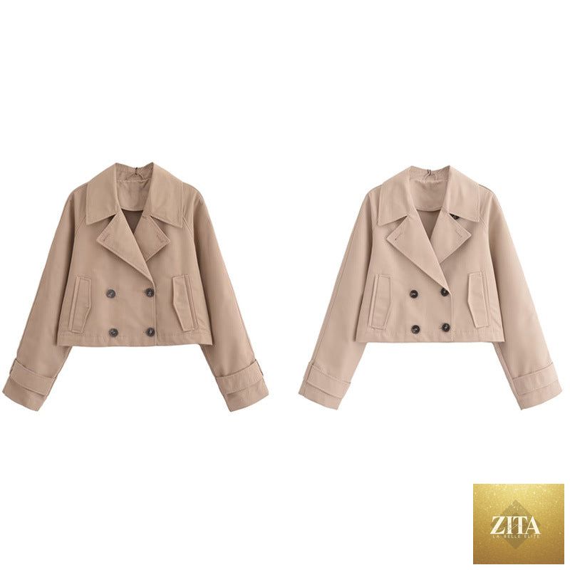 Elegant French trench coat for women, European and American style long sleeve jacket with classic design and tailored fit.