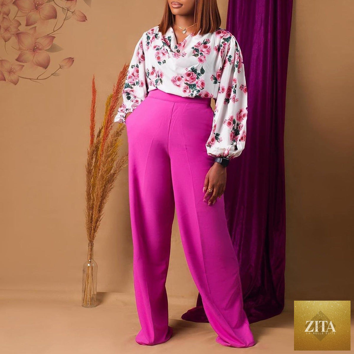 Zita La Belle Elite floral lace-up top and wide-leg pants casualwear set in four colors, displayed on a model.