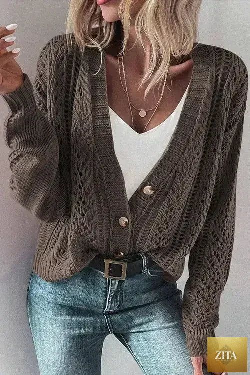 Dark khaki open-knit cardigan sweater with drop shoulder design, made from cotton-acrylic blend by Femstylo.