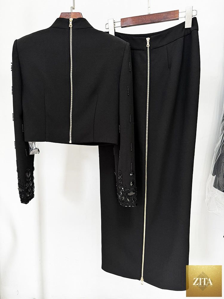 Zita La Belle Elite fashion outfit featuring a heavy industry beads diamond inlaid short top and long skirt, with intricate details.