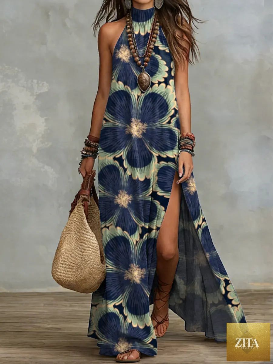 Women's sleeveless floral print maxi dress by Zita La Belle Elite, featuring a split design and vibrant floral pattern.