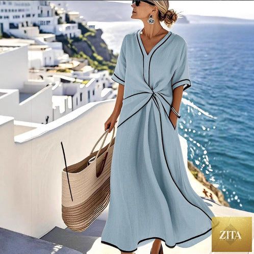 Zita La Belle Elite striped print maxi dress with short sleeves, perfect for beach vacations and summer outings.