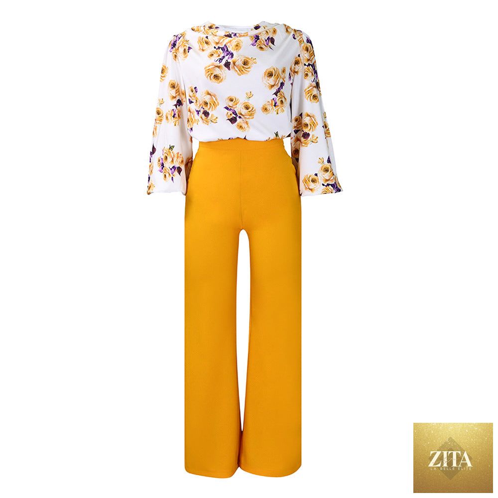 Zita La Belle Elite floral lace-up top and wide-leg pants casualwear set in four colors, available in sizes S to 3XL.