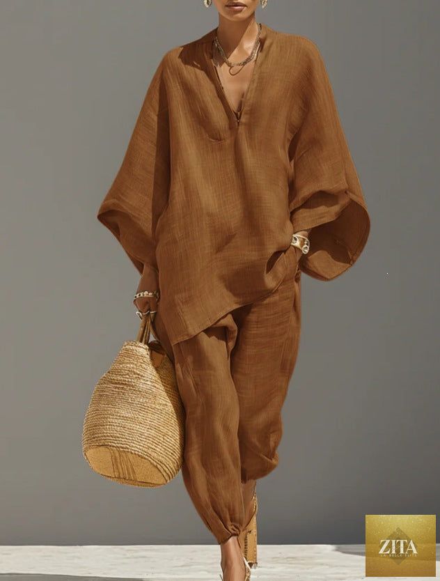 Women's casual loose shirt and cropped pants two-piece set by Zita La Belle Elite, featuring vintage-inspired relaxed fit.