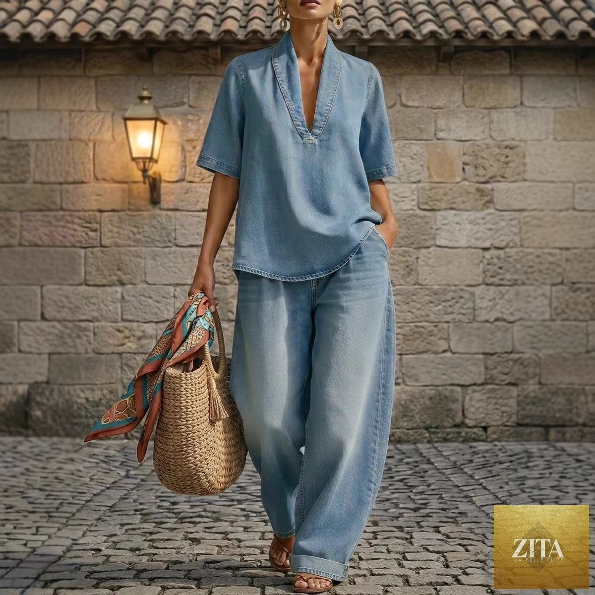 Zita La Belle Elite casual denim set with washed V-neck top and wide-leg pants in three colors, available in sizes S to 3XL.