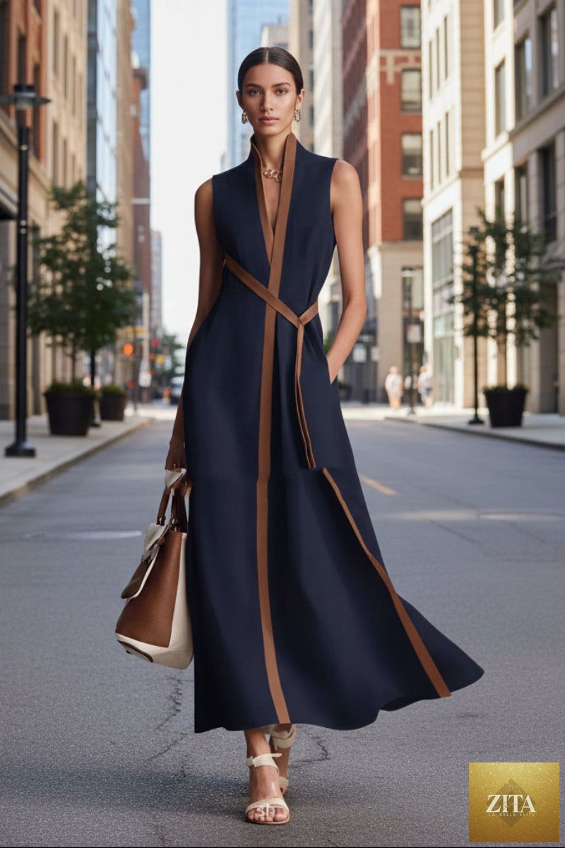 Women's patchwork cardigan and wide-leg linen pants set by Zita La Belle Elite, colorblock casualwear ensemble.