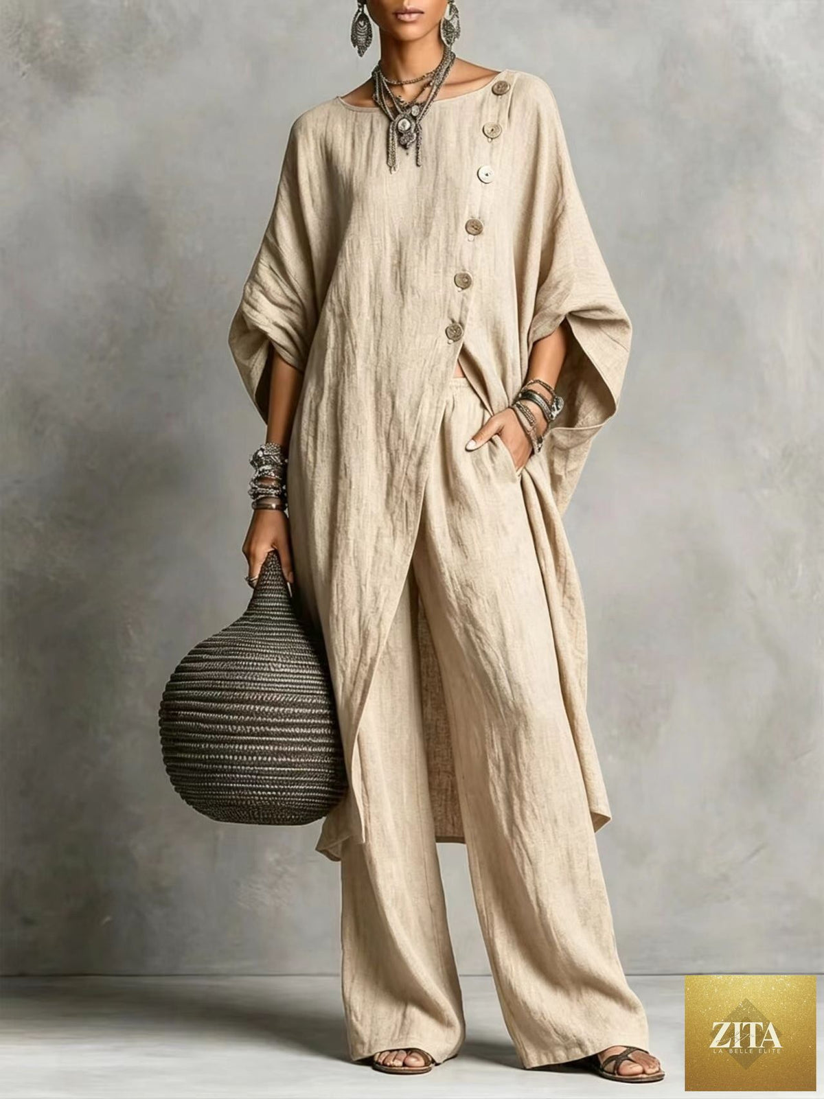 Women's casual Zita La Belle Elite drop shoulder three-quarter sleeve irregular shirt and matching pants set, stylish and comfortable.