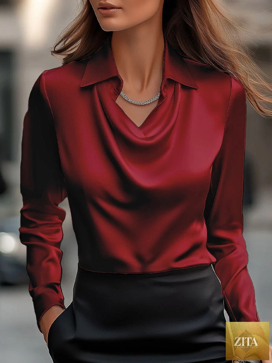 Long sleeve satin swing collar top by FitiqueFit, stylish casualwear shirt with elegant, smooth fabric and relaxed fit.