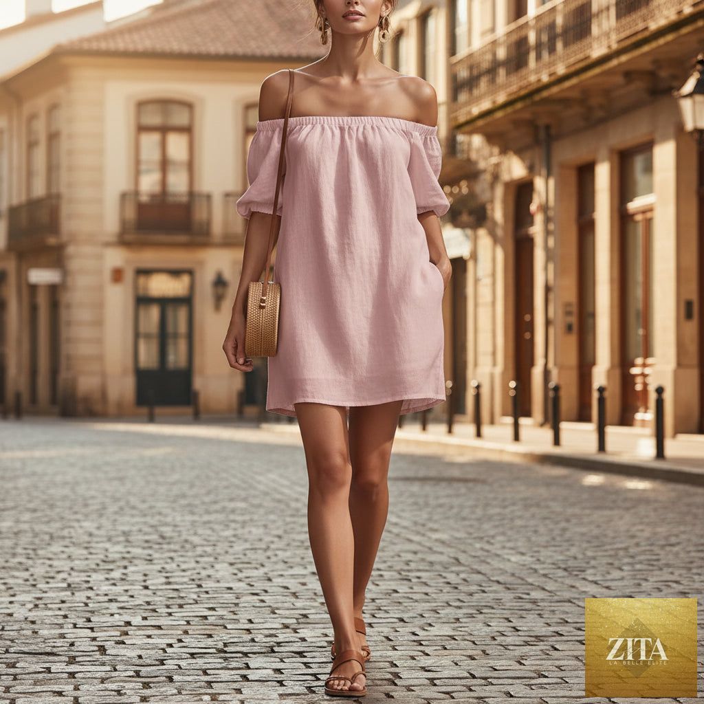 Women's cotton-linen off-shoulder puff-sleeve mini dress by FitiqueFit, casualwear, featuring a loose fit and stylish off-shoulder design.