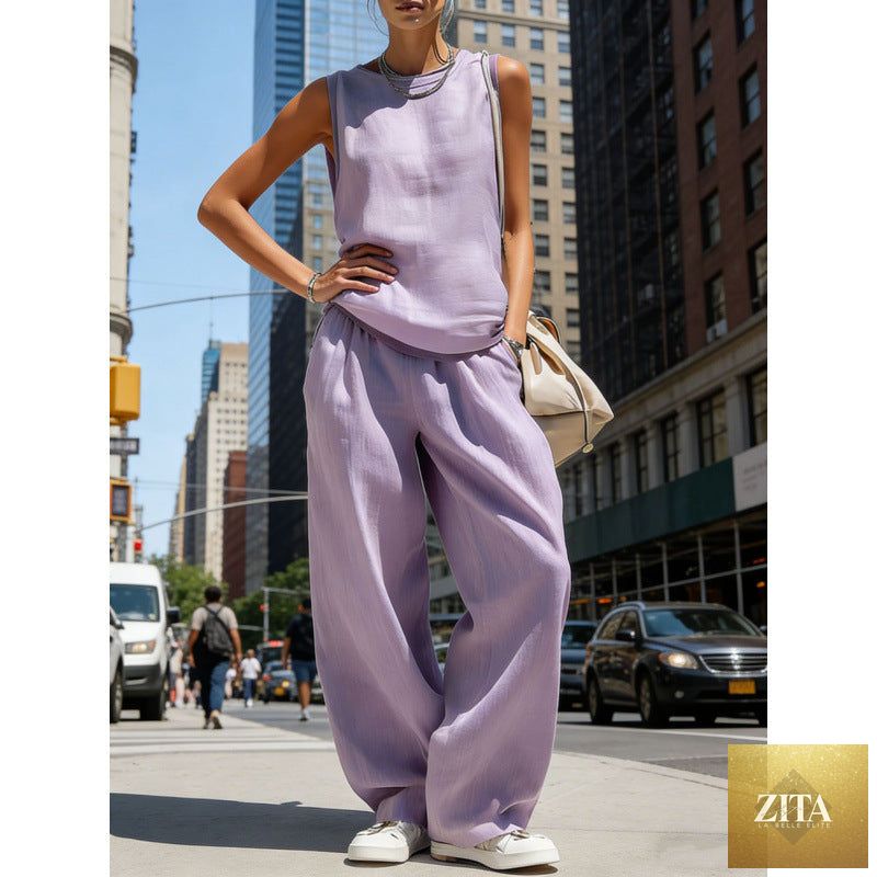 Zita La Belle Elite women's sleeveless cardigan top and matching pants casualwear set, styled for a relaxed, stylish look.