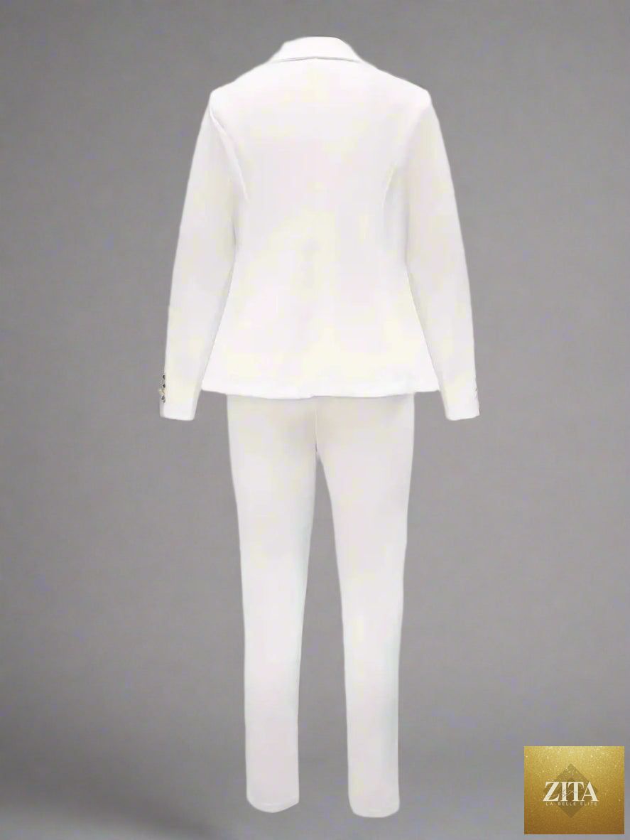 Women’s double-breasted suit set by FitiqueFit, featuring a tailored blazer and matching pants for a professional casual look.