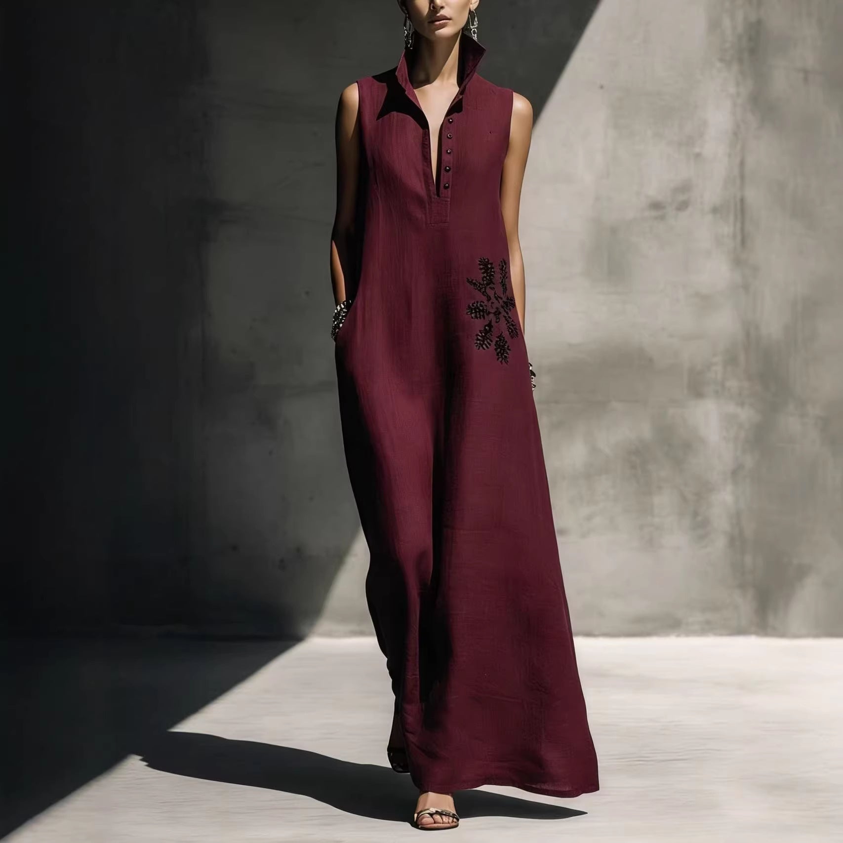 Women's cotton linen maxi dress with mandarin collar, graphic print, and pockets, perfect for casualwear by FitiqueFit.