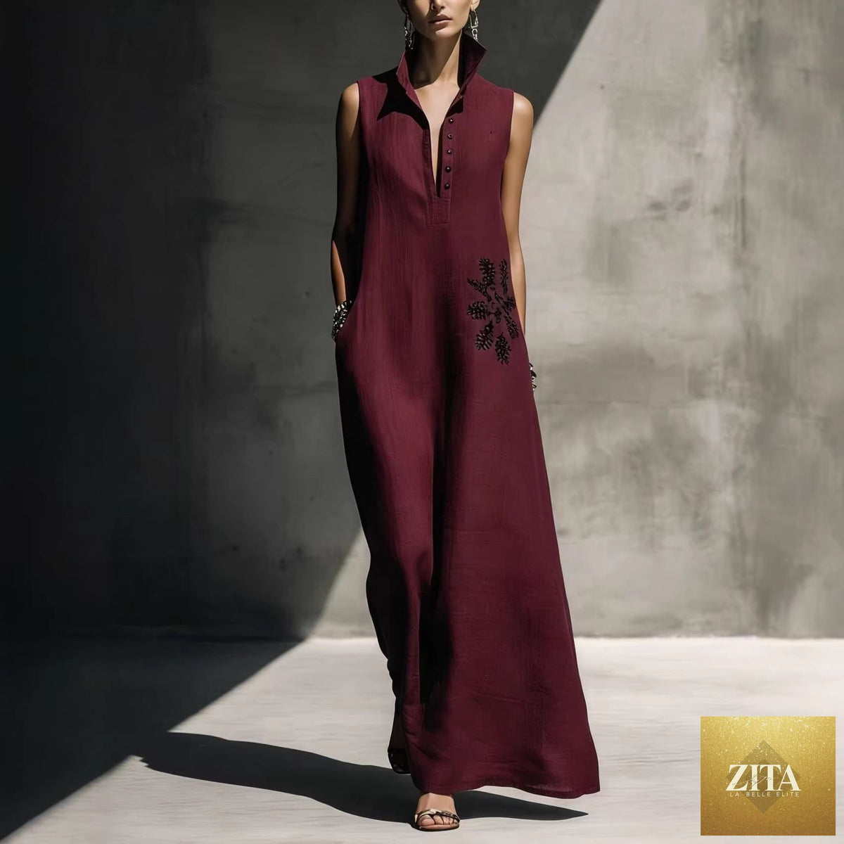 Women's cotton linen maxi dress with mandarin collar, graphic print, and pockets, perfect for casualwear by FitiqueFit.