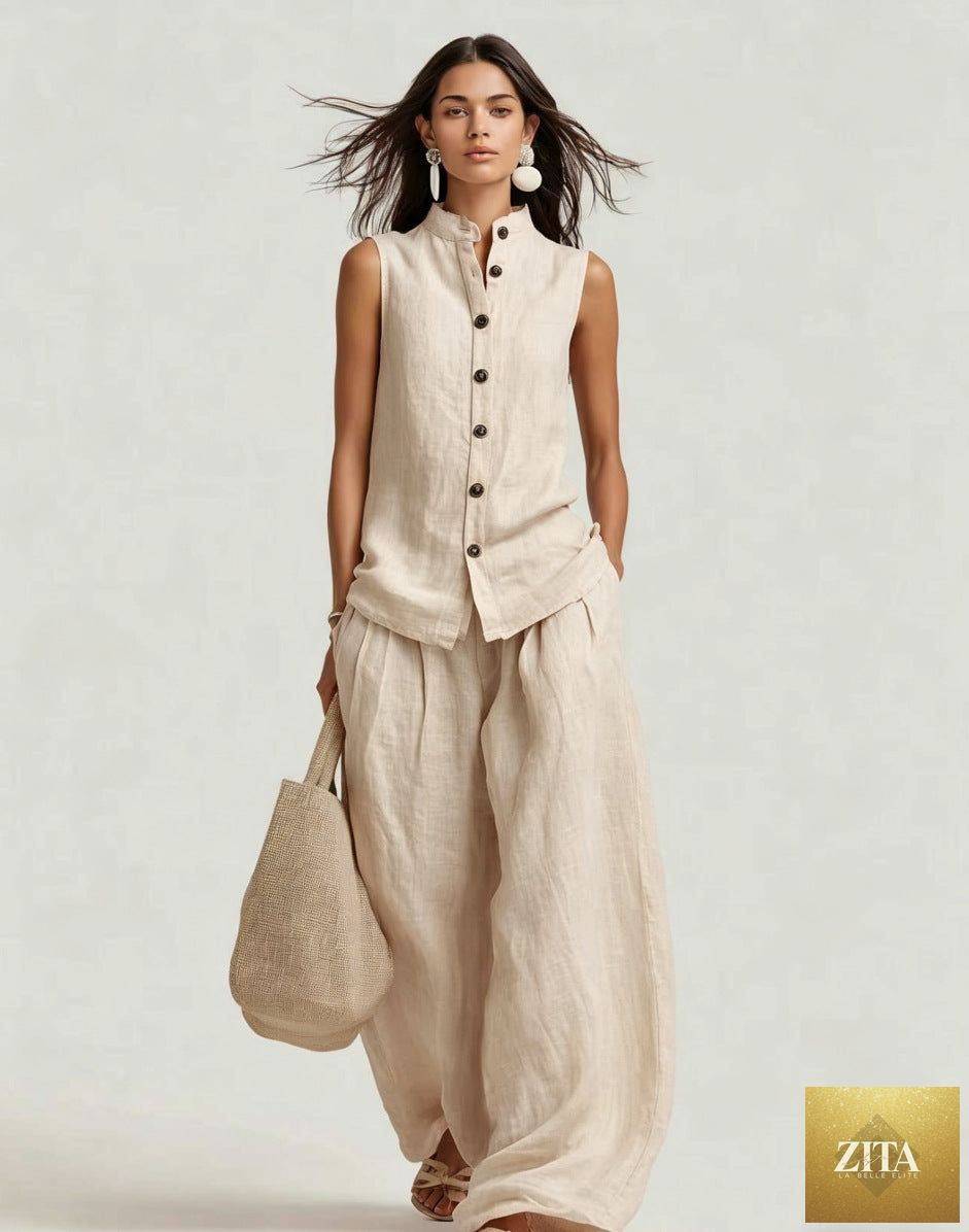 Zita La Belle Elite women's casual sleeveless top with stand collar and high-waist wide-leg pants set, stylish and comfortable for everyday wear.
