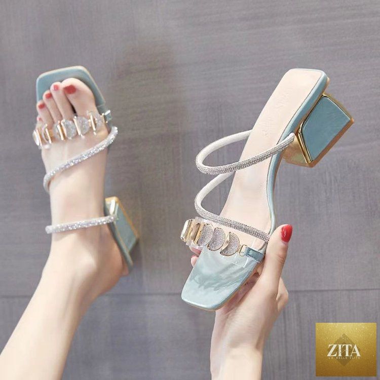 Women's Korean Style Rhinestone Single Strap Slide Sandals with Mid Chunky Heel by Zita La Belle Elite, showcasing elegant footwear design.