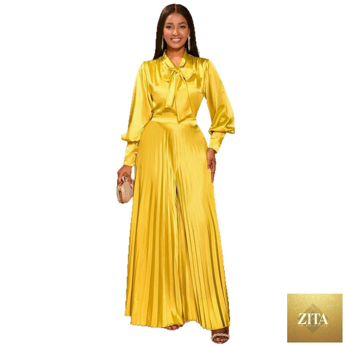 Elegant pleated wide-leg trousers suit featuring a sexy V-neck bow long sleeve top, stylish and sophisticated women's fashion ensemble.