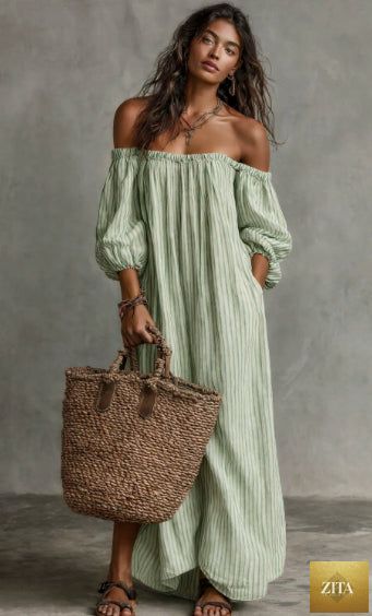 Women's off-shoulder long-sleeve maxi dress by Zita La Belle Elite, flowing casualwear with a fitted bodice and elegant design.